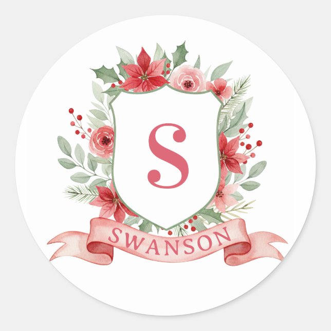 Grandmillennial-Weihnachtswappen | Weihnachtsmonog Runder Aufkleber (Vorderseite)