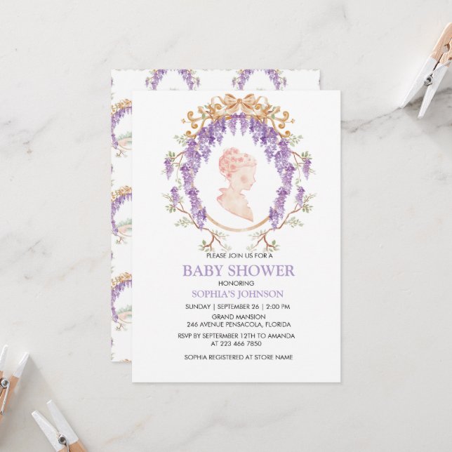 Grandmillennial Wisteria Baby Shower Invitation Einladung (Vorderseite/Rückseite Beispiel)