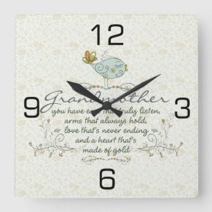 Grandmother Poem with Birds Quadratische Wanduhr