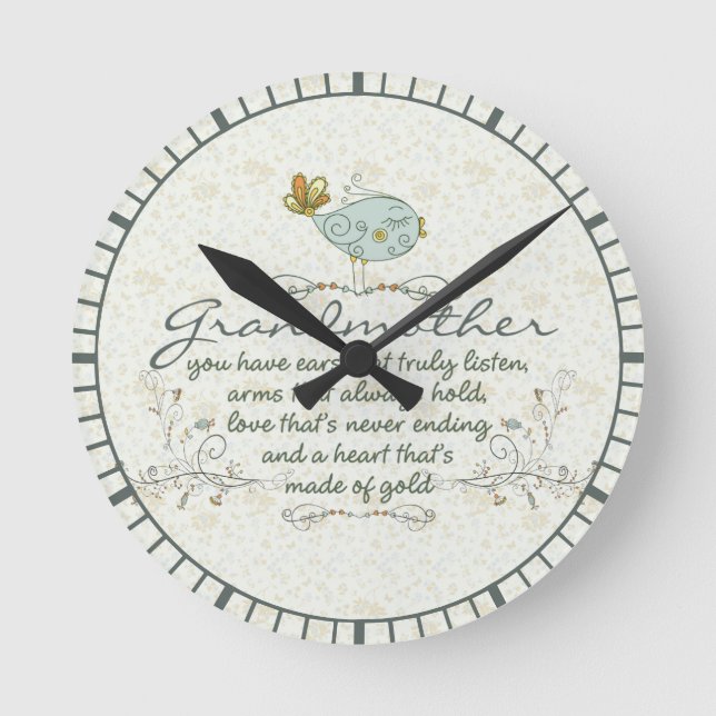 Grandmother Poem with Birds Runde Wanduhr (Vorderseite)