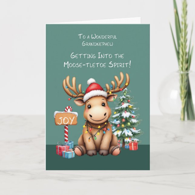 Grandnephew Adorable Funny Moose Weihnachten Karte (Vorderseite)