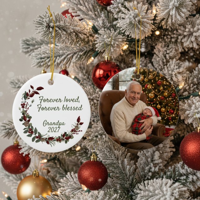 Grandpa Forever Blessed Christmas Keramik Ornament (Grandpa holiday photo ornament)