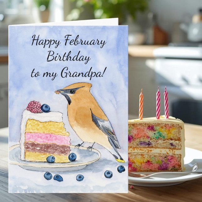 Grandpa Happy February Birthday Cedar Waxwing Cake Karte (Von Creator hochgeladen)