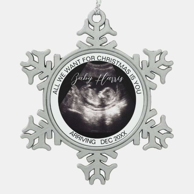 Grandparents Pregnancy Reveal Ultrasound Photo Schneeflocken Zinn-Ornament (Vorderseite)