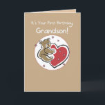 Grandson 1. Geburtstagsbär Karte<br><div class="desc">Dieser niedliche Teddy schickt am 1. Geburtstag einen großen Bärenumarmen an deinen Enkel! Der braune Bär hält an einem roten Herz fest.</div>