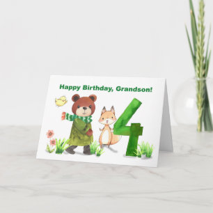 Grandson 4th Birthday Watercolor Bear & Fox Karte