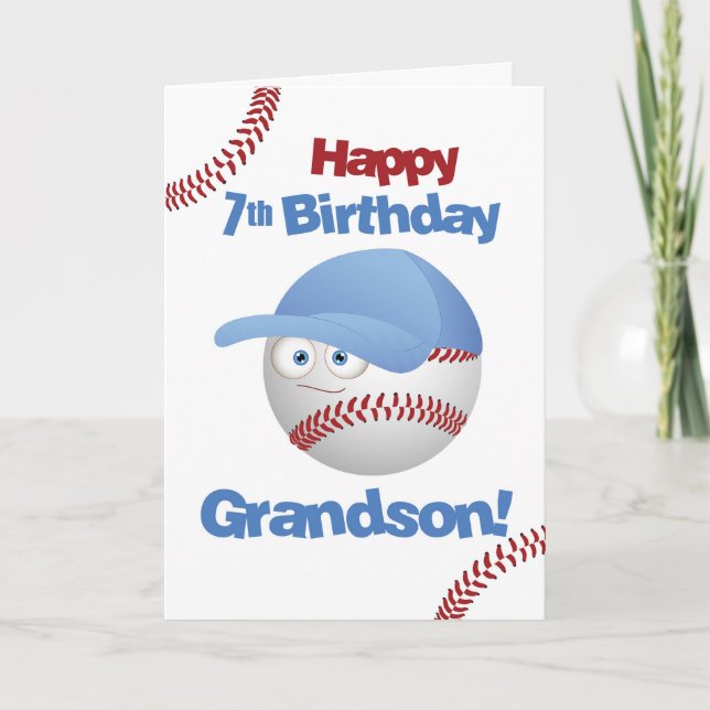 Grandson 7th Birthday Funny Baseball Face Karte (Vorderseite)