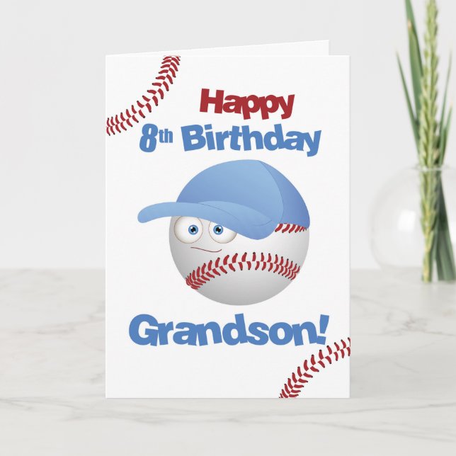 Grandson 8. Geburtstag Funny Baseball Face Karte (Vorderseite)