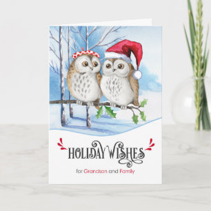 Grandson and Family Christmas Woodland Owls Feiertagskarte