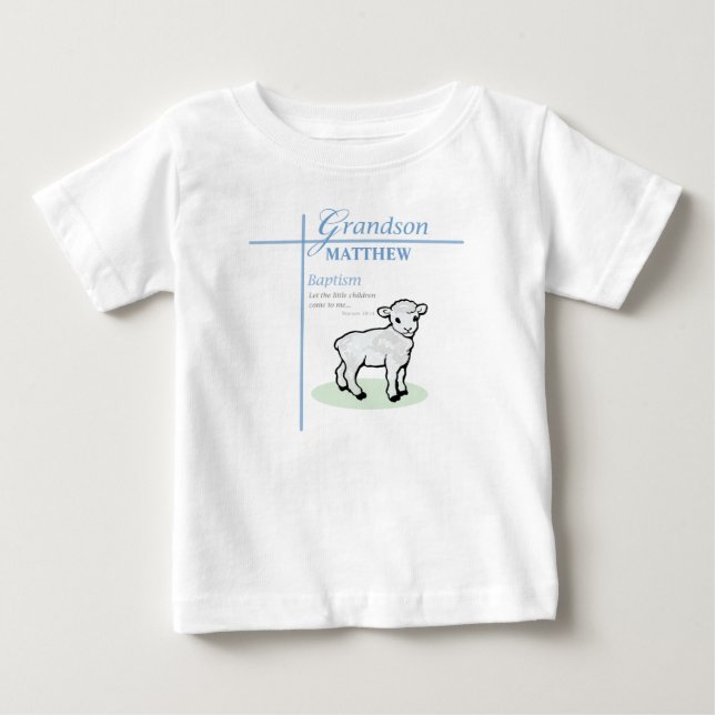 Grandson Baptisk Blue Boy Lamb Personalisiert Baby T-shirt (Vorderseite)