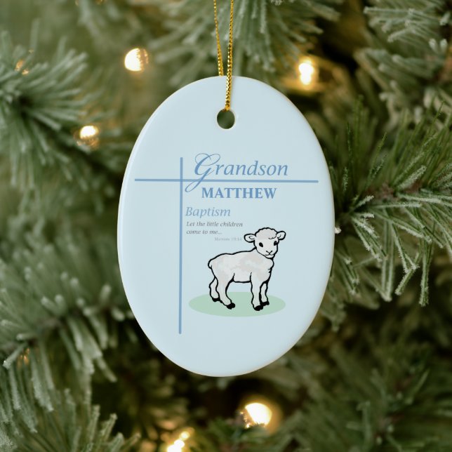 Grandson Baptisk Blue Boy Lamb Personalisiert Keramik Ornament (Baum)