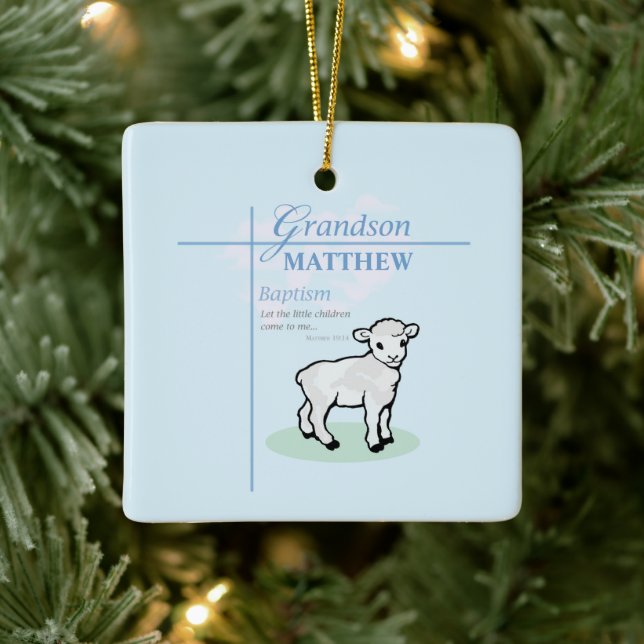 Grandson Baptisk Blue Boy Lamb Personalisiert Keramikornament (Baum)