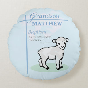Grandson Baptisk Blue Boy Lamb Personalisiert Rundes Kissen