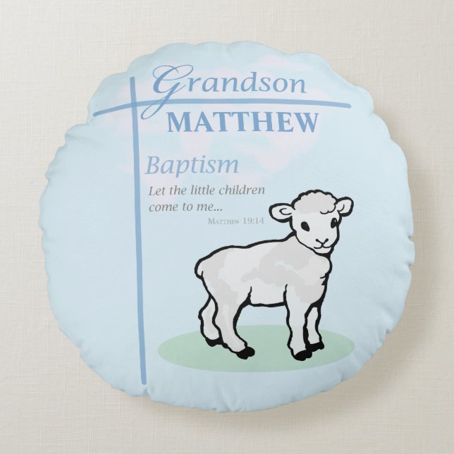 Grandson Baptisk Blue Boy Lamb Personalisiert Rundes Kissen (Vorderseite)