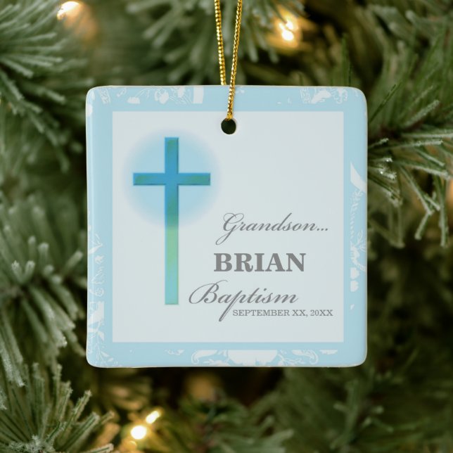 Grandson Baptisk Blue Lace Personalisiert Keramikornament (Baum)