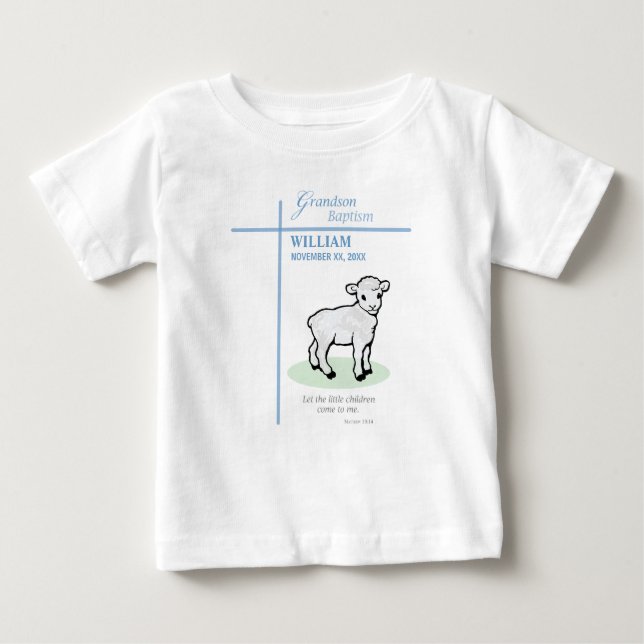 Grandson Baptisk Blue Lamb Personalisiert Baby T-shirt (Vorderseite)