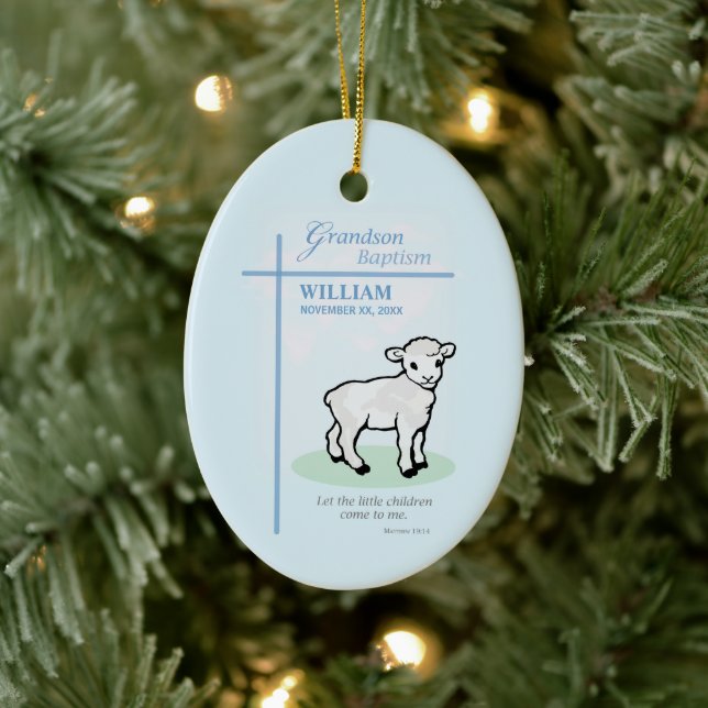 Grandson Baptisk Blue Lamb Personalisiert Keramik Ornament (Baum)