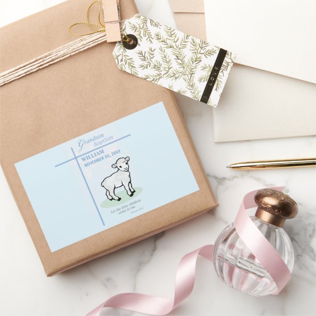 Grandson Baptisk Blue Lamb Personalisiert Rechteckiger Aufkleber (Schenken)