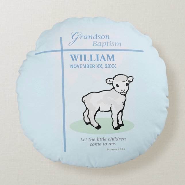 Grandson Baptisk Blue Lamb Personalisiert Rundes Kissen (Vorderseite)