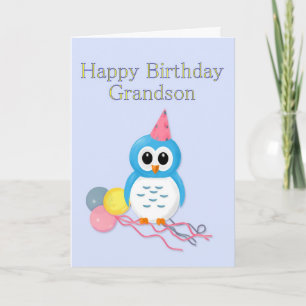Grandson Birthday Cartoon Owl and Balloons Karte