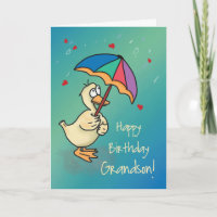 Grandson Birthday Duck mit Regenschirm in Rain
