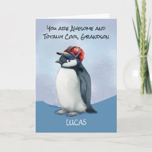 Grandson Birthday Penguin in Baseballhut Karte