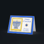 Grandson Chanukah Contemporary Menorah Karte<br><div class="desc">Happy Chanukah Liebe Grandson,  zeitgenössische Menorah mit blauen Kerzen,  Papier Grußkarte. Digitale Illustration mit einer beleuchteten Menorah und einem Stern von David. Art,  Bild und Vers Copyright © Shoaff Ballanger Studios,  2024.</div>