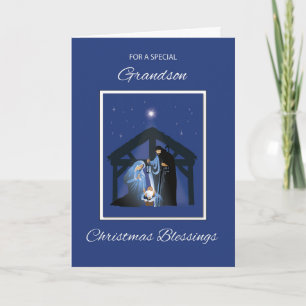 Grandson Christmas Segen Manger on Blue Karte