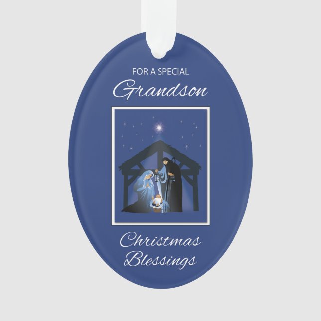 Grandson Christmas Segen Manger on Blue Ornament (Vorderseite)