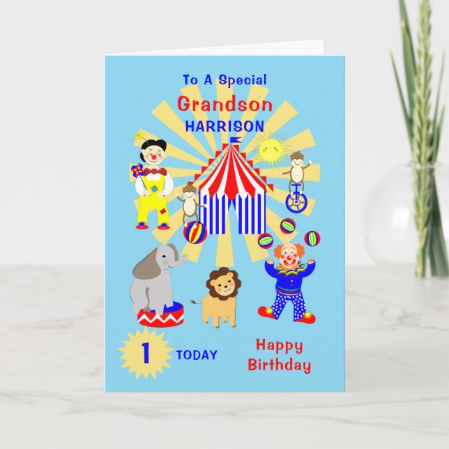 Grandson Circus Clown Spaß am Geburtstag Karte (Vorderseite)