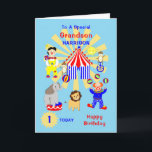 Grandson Circus Clown Spaß am Geburtstag Karte<br><div class="desc">Super niedlicher Cartoon Circus Clowns und Tiere,  einschließlich Löwe,  Elefant und Wangenaffen; eine so lustige und farbenfrohe Karte und leicht anzupassen mit einem Namen und Nachrichten für diese besondere Touch ohne Aufpreis.</div>