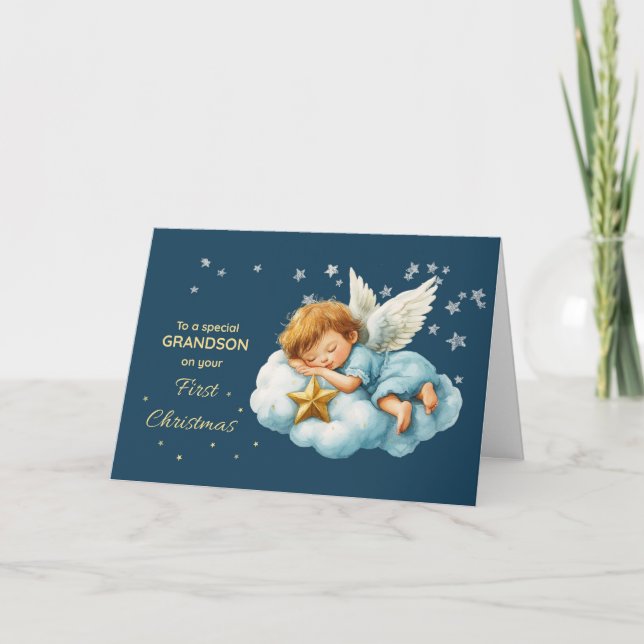 Grandson First Christmas Sleeping Angel on Cloud Karte (Vorderseite)