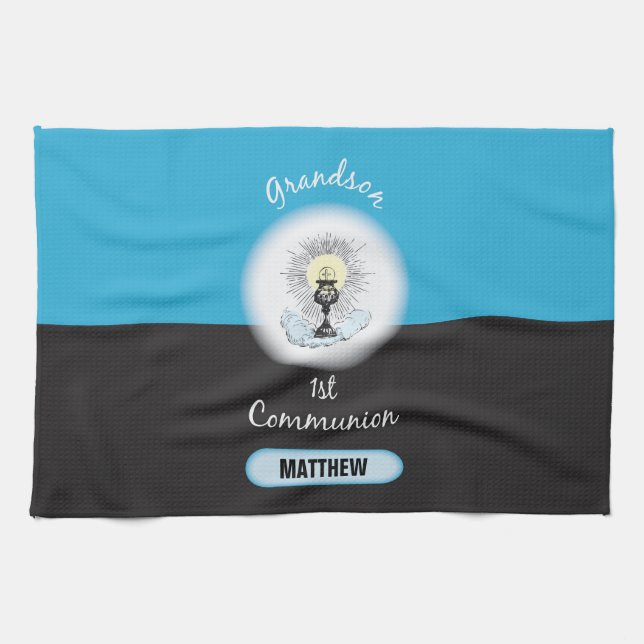 Grandson First Communation, Blue Cup Küchentuch (Horizontal)
