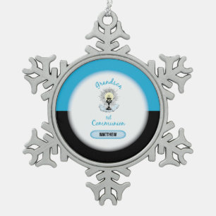 Grandson First Communation, Blue Cup Schneeflocken Zinn-Ornament