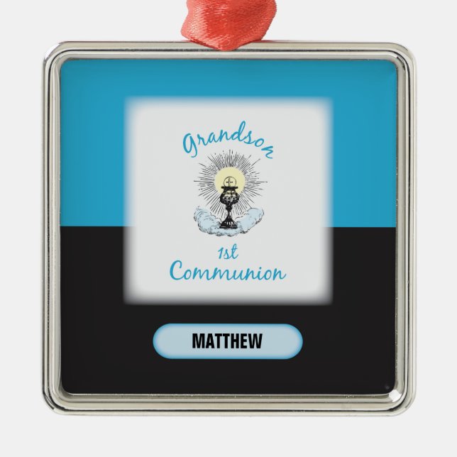 Grandson First Communation, Blue Cup Silbernes Ornament (Vorne)