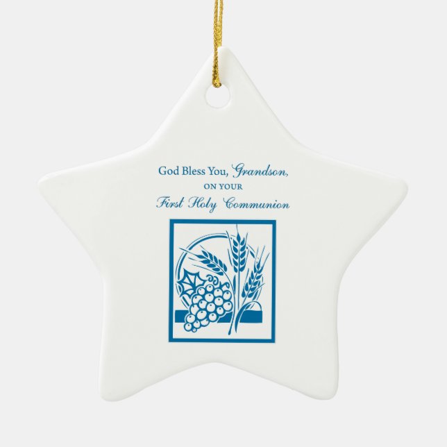 Grandson First Communion Blue, Weizen, Trauben Keramikornament (Vorne)