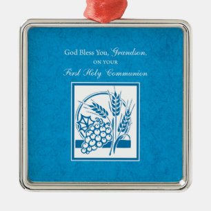 Grandson First Communion Blue, Weizen, Trauben Ornament Aus Metall