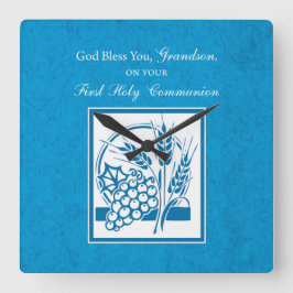 Grandson First Communion Blue, Weizen, Trauben Quadratische Wanduhr