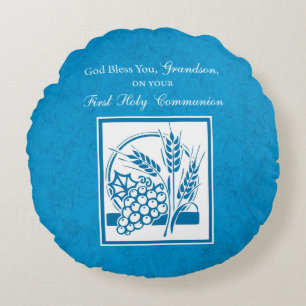Grandson First Communion Blue, Weizen, Trauben Rundes Kissen