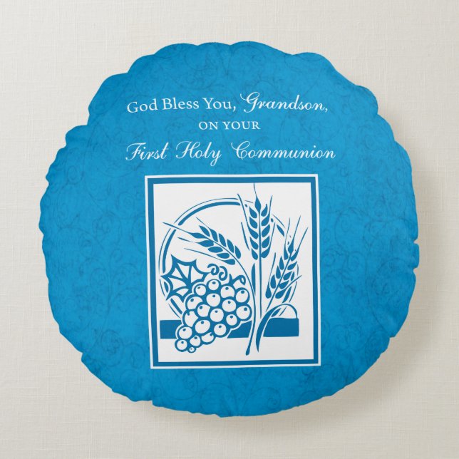 Grandson First Communion Blue, Weizen, Trauben Rundes Kissen (Vorderseite)