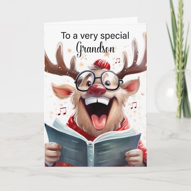 Grandson Funny Christmas Reindeer Singing Dankeskarte (Vorderseite)