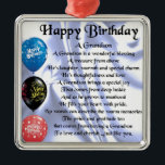 Grandson Geem - Happy Birthday Silbernes Ornament<br><div class="desc">Ein großartiges Geschenk für einen Enkel zum Geburtstag</div>