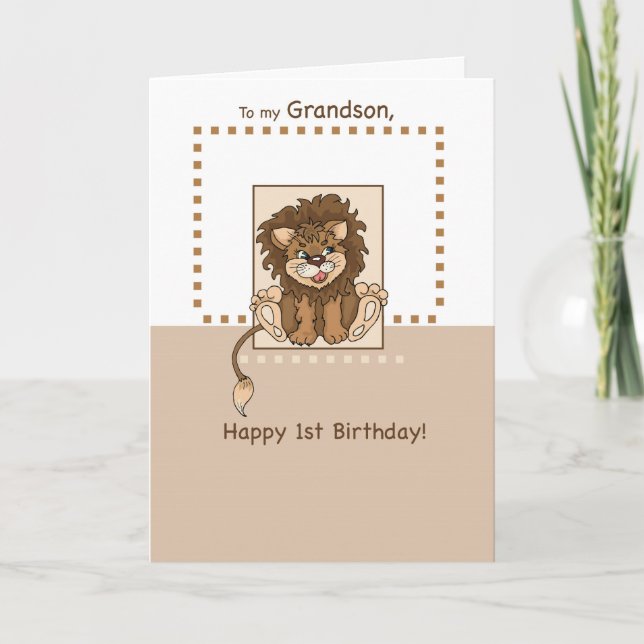 Grandson, glücklich 1. Geburtstag Baby Lion Karte (Vorderseite)