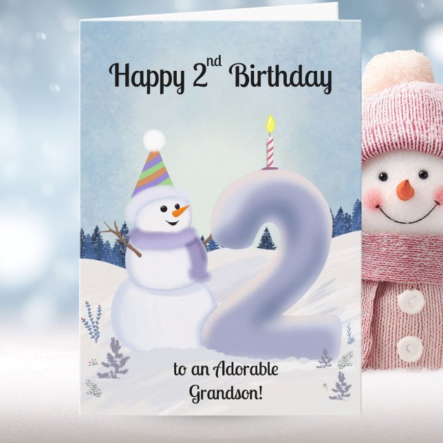 Grandson Happy 2nd Birthday Snowman Building Karte (Von Creator hochgeladen)