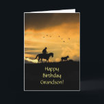 Grandson Happy Birthday Cowboy and Horse Karte<br><div class="desc">Für Ihren Enkel eine Happy Birthday Karte mit einem Pferd und Reiter in einem südwestlichen Sonnenuntergang. Eine lustige Country Western Cowboy Geburtstagskarte.</div>