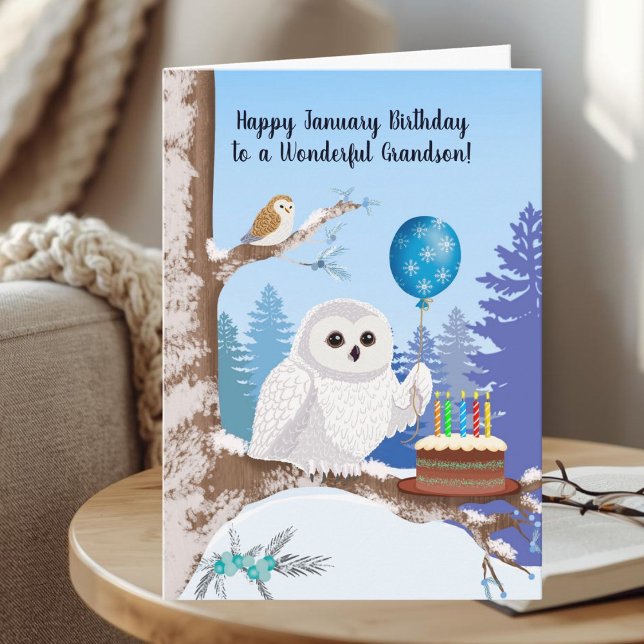 Grandson Happy January Birthday Snowy Owl Karte (Von Creator hochgeladen)
