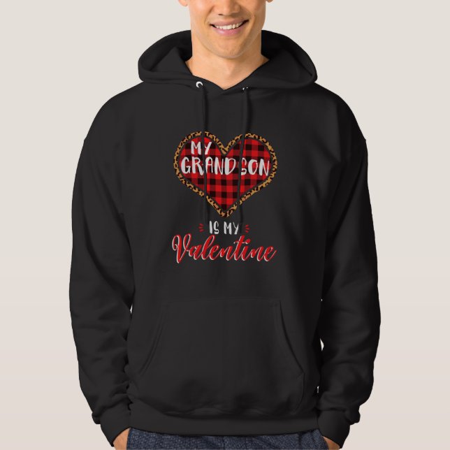 Grandson is My Valentine Leopard Buffalo Plaid Hea Hoodie (Vorderseite)