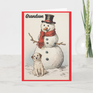 Grandson Snowman and Dog Holiday Card Feiertagskarte