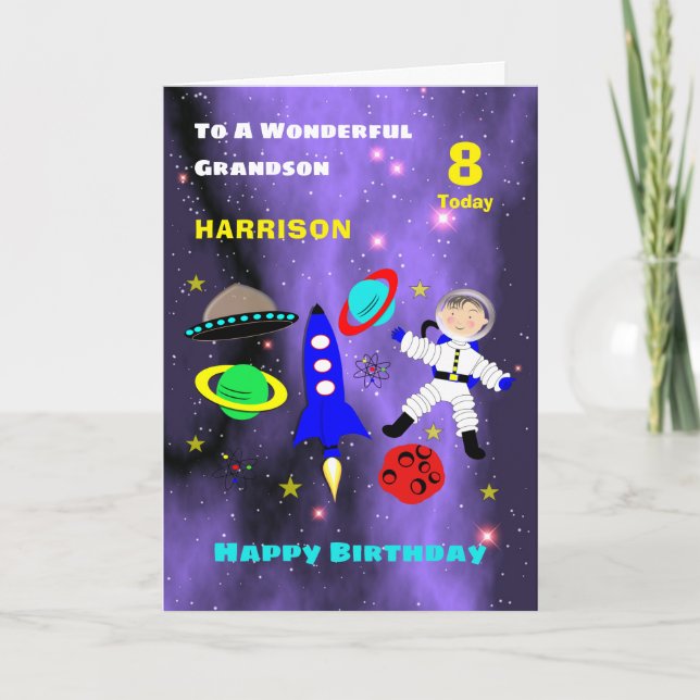 Grandson Spaceship Astronaut Niedlich Happy Birthd Karte (Vorderseite)