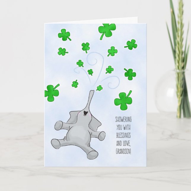 Grandson, St. Patrick's Day Elephant & Kleeblatts Karte (Vorderseite)